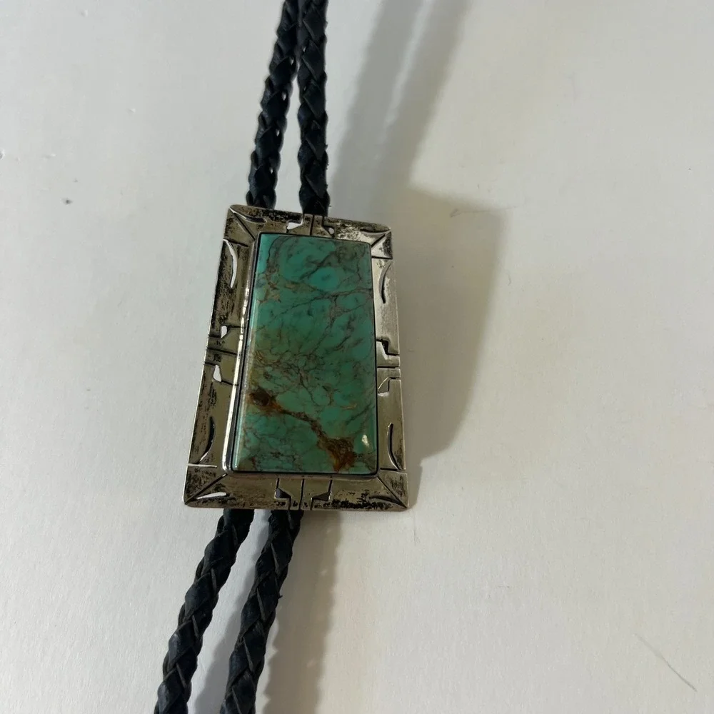 Vintage Native Navajo Sterling Silver Turquoise Bolo Tie Leather Signed